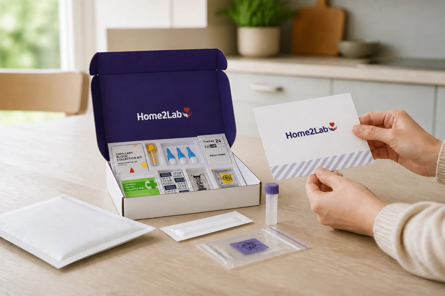 Home2Lab at-home laboratory test kit and contents